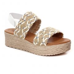 sandales-compensees beige blanc: même style de chaussures en ligne pour femmes que les Fly London