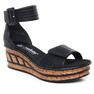 Chaussures femme été 2024 - sandales compensées rieker noir
