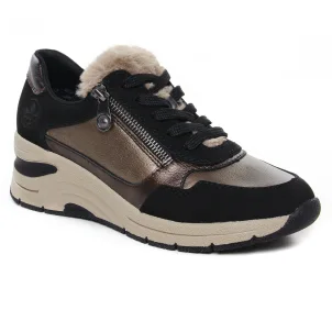 Chaussures femme hiver 2024 - baskets compensees rieker noir doré